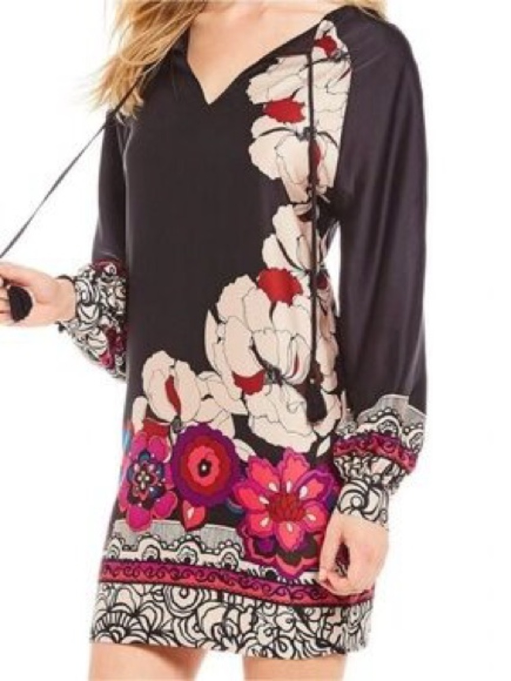 Trina Turk Black Crewneck 100% Silk Shift Dress